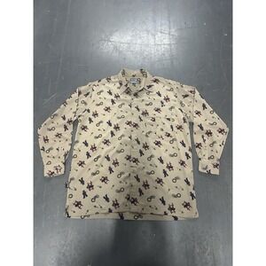 Phat Farm Denim Co. Men's Button Up Shirt Size Large Farmer AOP Tan Bull Tractor